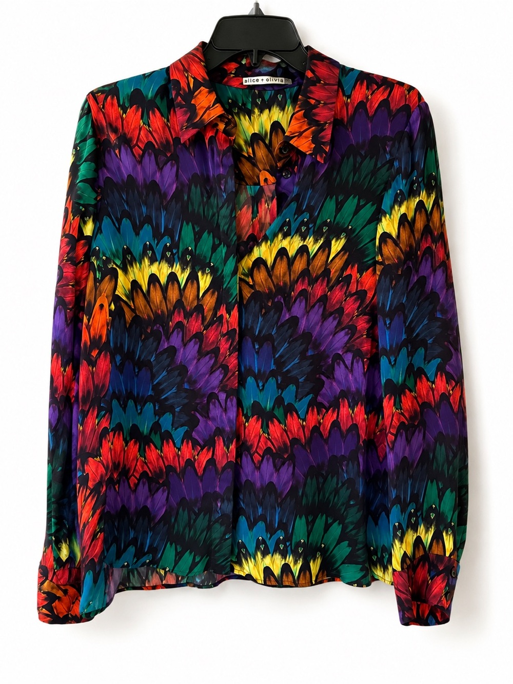 Alice + Olivia Multicolor Feather-Print Long Sleeve Blouse M